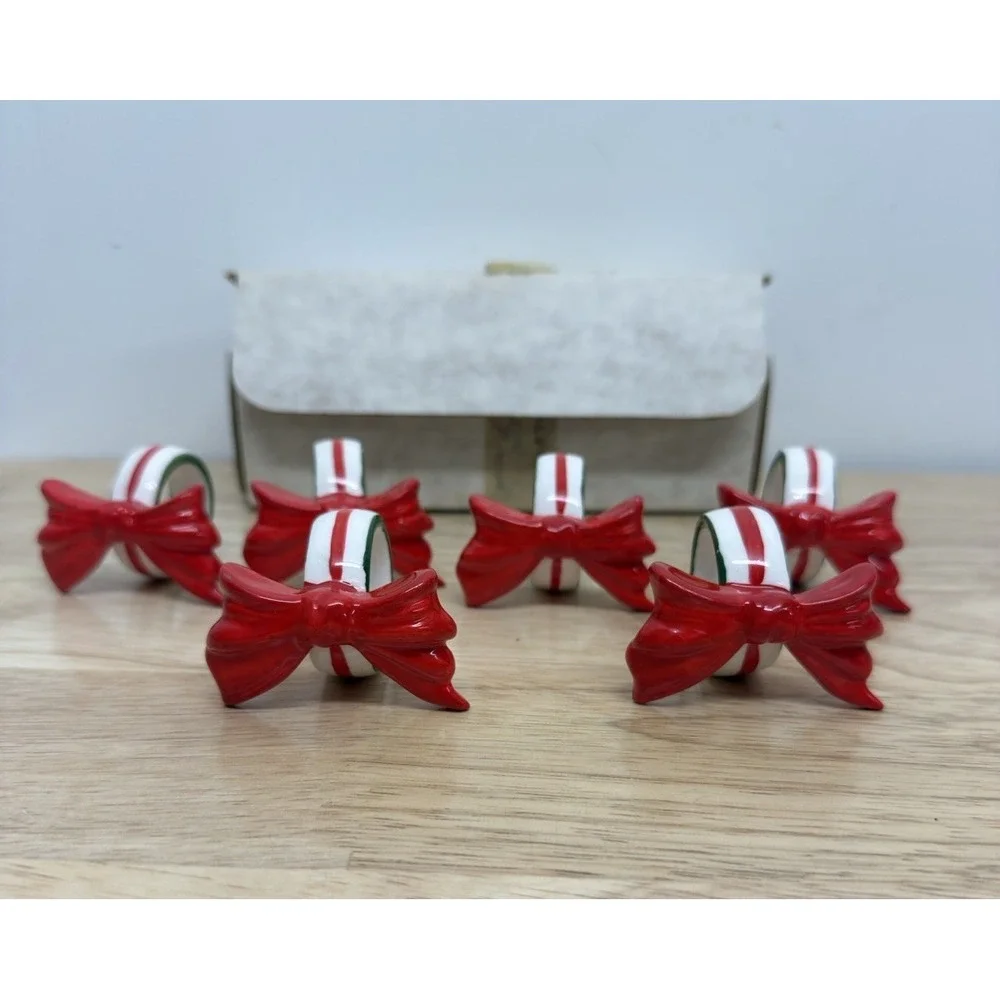 Vintage Napkin Rings set of 6 Red Bows‎ Green Taiwan #34